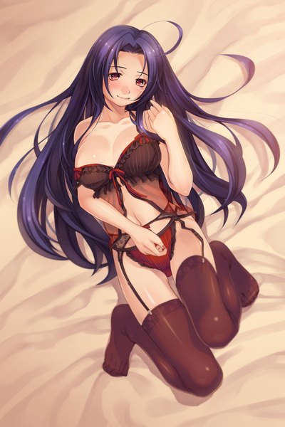 Anime picture 1280x1920 with idolmaster miura azusa niku long hair tall image blush breasts light erotic red eyes blue hair cleavage lying underwear only girl thighhighs navel underwear panties black thighhighs