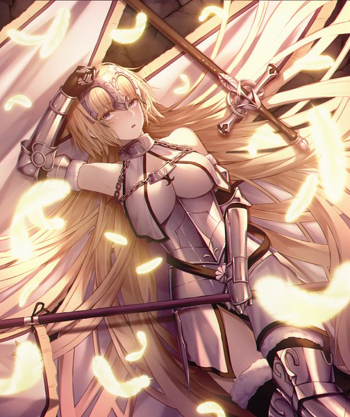 Anime picture 1500x1784 with fate (series) fate/grand order jeanne d'arc (fate) (all) jeanne d'arc (fate) cecil86 single tall image blush fringe breasts open mouth blonde hair large breasts purple eyes holding looking away lying very long hair arm up blurry