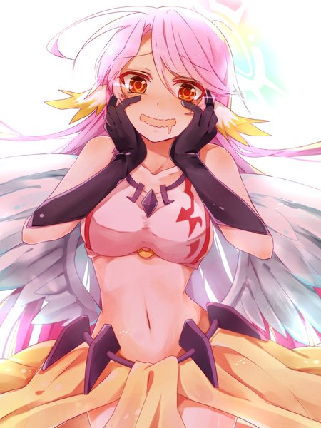 Anime picture 1500x2000 with no game no life madhouse jibril (no game no life) tsukihi single long hair tall image looking at viewer open mouth light erotic red eyes pink hair :d midriff white wings hands on face yandere trance girl gloves navel