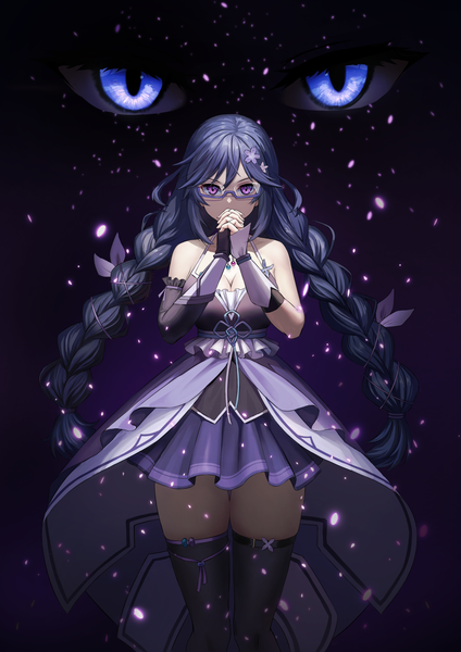 Anime picture 1191x1684 with original sion (9117) single long hair tall image looking at viewer fringe breasts hair between eyes standing purple eyes bare shoulders payot cleavage purple hair braid (braids) pleated skirt hair flower arms up zettai ryouiki
