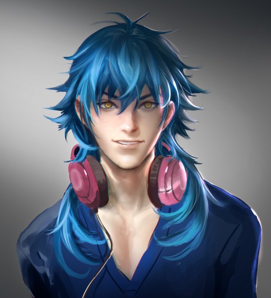 Anime picture 1280x1404 with dramatical murder nitro+chiral aoba (dmmd) sakimichan single long hair tall image looking at viewer fringe simple background smile yellow eyes blue hair realistic headphones around neck boy headphones