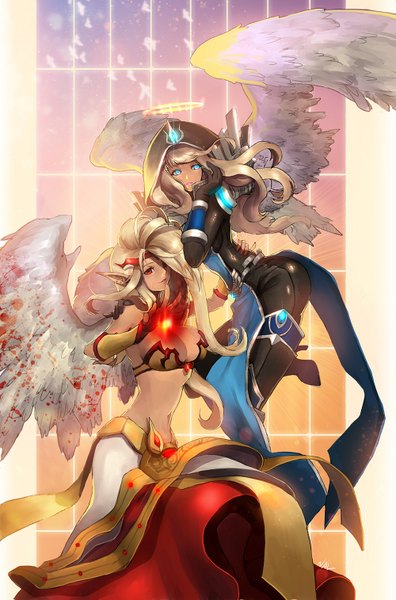 Anime picture 1000x1513 with league of legends morgana (league of legends) kayle (league of legends) nal (artist) long hair tall image looking at viewer breasts blue eyes light erotic red eyes large breasts multiple girls looking away pointy ears grey hair midriff magic angel wings girl