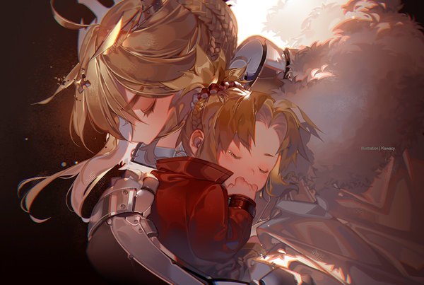 Anime picture 1024x689 with fate (series) fate/grand order artoria pendragon (all) mordred (fate) artoria pendragon (lancer) kawacy short hair blonde hair simple background multiple girls signed ahoge upper body ponytail braid (braids) eyes closed fur trim hug sleeping hand to mouth