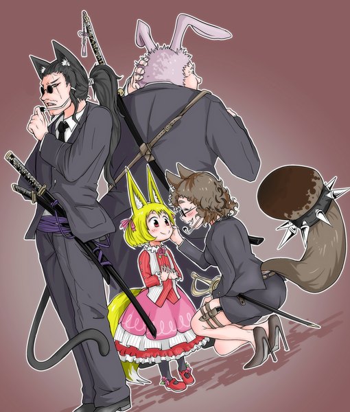 Anime picture 2035x2394 with original doitsuken tall image highres short hair black hair simple background blonde hair smile red eyes standing multiple girls animal ears ponytail tail animal tail multiple boys cat tail fox ears gradient background