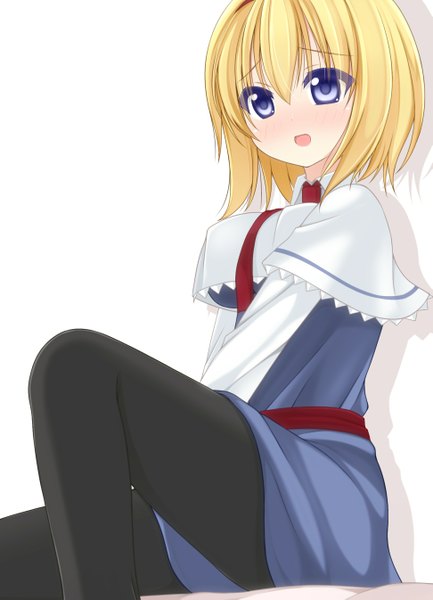 Anime picture 971x1345 with touhou alice margatroid chimunge single tall image looking at viewer blush short hair open mouth blue eyes simple background blonde hair white background girl dress pantyhose black pantyhose