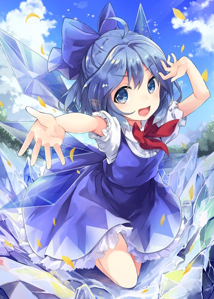 Anime picture 1167x1631 with touhou cirno kedama milk single tall image looking at viewer short hair open mouth blue eyes blue hair sky cloud (clouds) ahoge arm up outstretched arm half updo girl dress bow hair bow