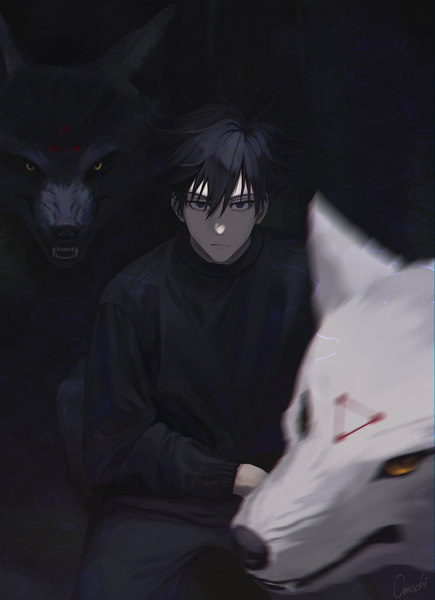 Аниме картинка 2900x4000 с магическая битва mappa fushiguro megumi omochiarts один (одна) высокое изображение смотрит на зрителя чёлка высокое разрешение короткие волосы чёрные волосы волосы между глазами чёрные глаза мужчина животное волк