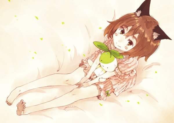 Anime picture 1054x746 with original hrd single looking at viewer blush short hair smile brown hair sitting brown eyes animal ears barefoot puffy sleeves soles multicolored eyes girl dress bow leaf (leaves) toy
