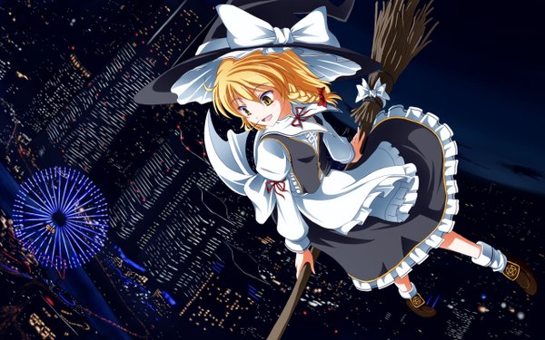 Anime picture 1280x800 with touhou kirisame marisa tri (pixiv) long hair blonde hair wide image yellow eyes witch real world location yokohama girl bow witch hat broom