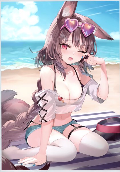 Anime picture 2435x3476 with original momoko (momopoco) single tall image looking at viewer blush fringe highres breasts open mouth light erotic red eyes brown hair large breasts sitting animal ears sky cloud (clouds) outdoors tail