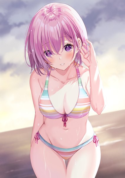 Anime picture 2893x4092 with fate (series) fate/grand order mash kyrielight mash kyrielight (swimsuit of perpetual summer ver.02) harimoji single tall image looking at viewer blush fringe highres short hair light erotic standing purple eyes pink hair sky cloud (clouds) outdoors parted lips