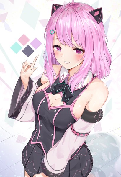 Anime picture 2656x3885 with virtual youtuber miraizu wactor production otogi lilu racchi. single long hair tall image looking at viewer blush fringe highres breasts light erotic simple background smile large breasts standing bare shoulders pink hair