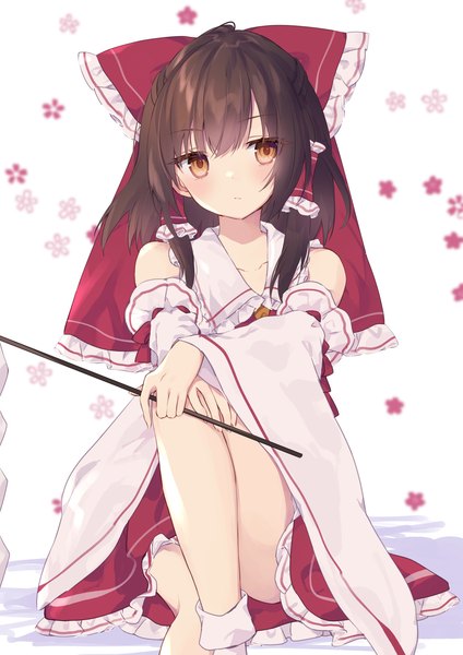 Anime picture 1116x1579 with touhou hakurei reimu purin jiisan single long hair tall image brown hair sitting holding brown eyes girl bow hair bow detached sleeves hair tubes large bow
