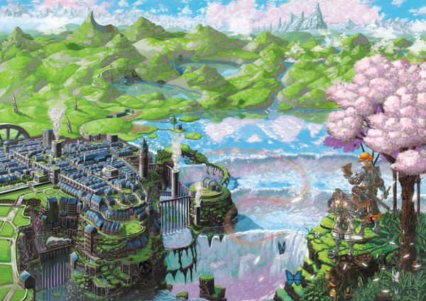 イラスト 2731x1932 と オリジナル nagi itsuki highres 桜 city mountain landscape fantasy scenic waterfall 植物 剣 木 水 鎧 虫 蝶 turtle