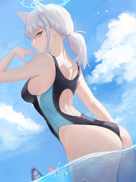 Anime picture 999x1342 with blue archive shiroko (blue archive) hoshino (blue archive) shiroko (swimsuit) (blue archive) serika (blue archive) oni noodle long hair tall image looking at viewer fringe blue eyes light erotic standing multiple girls animal ears payot sky silver hair cloud (clouds) profile