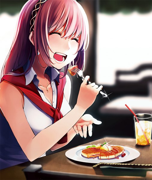 Anime picture 846x1000 with vocaloid megurine luka retsuna single long hair tall image open mouth bare shoulders pink hair eyes closed eating girl food hairband fork