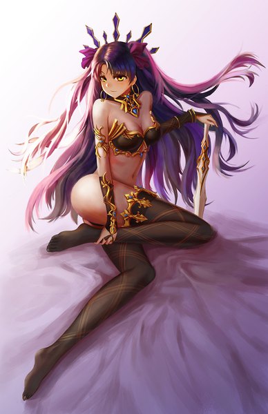 Anime picture 841x1300 with fate (series) fate/grand order ishtar (fate) yuzuriha (artist) single long hair tall image looking at viewer blush fringe breasts light erotic black hair simple background sitting bare shoulders holding yellow eyes cleavage full body