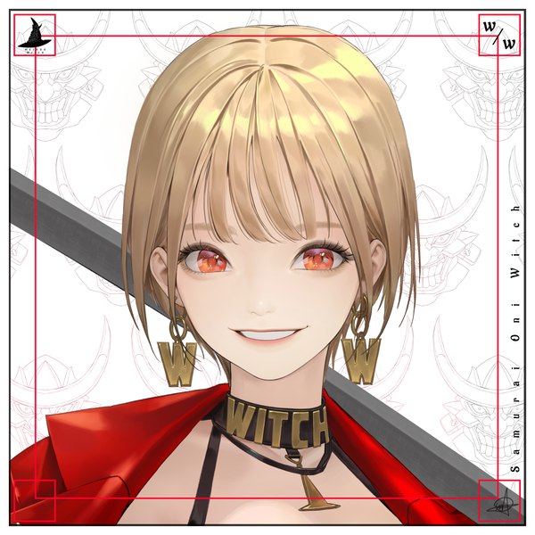 Anime picture 4000x4000 with original ake (cherrylich) single looking at viewer fringe highres short hair blonde hair smile signed absurdres parted lips orange eyes lipstick border portrait eyeshadow girl earrings choker