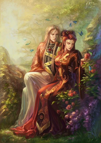 Anime picture 1000x1409 with original hrfleur long hair tall image blonde hair brown hair sitting signed red hair eyes closed long sleeves couple hug girl dress boy hair ornament flower (flowers) plant (plants) tree (trees)