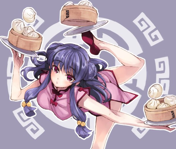 Anime picture 1200x1017 with ranma 1/2 shampoo (ranma 1/2) matsuryuu single long hair looking at viewer purple eyes purple hair chinese clothes girl food chinese dress tray nikuman