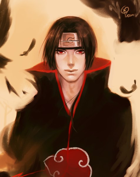 Anime picture 1059x1335 with naruto studio pierrot naruto (series) uchiha itachi citrusgun single long hair tall image looking at viewer black hair simple background red eyes signed akatsuki boy animal bird (birds) feather (feathers) mantle bandana