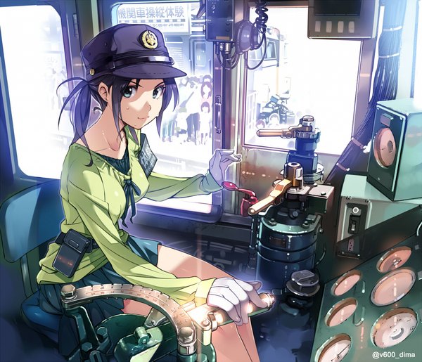Anime picture 992x852 with original vania600 long hair looking at viewer blue eyes black hair smile sitting holding signed ponytail pleated skirt sweat hieroglyph solo focus sweatdrop train interior girl skirt gloves