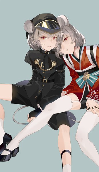 Anime picture 1300x2253 with touhou nazrin hillly (maiwetea) tall image looking at viewer short hair simple background red eyes sitting multiple girls animal ears tail animal tail grey hair dual persona mouse ears mouse tail mouse girl girl thighhighs