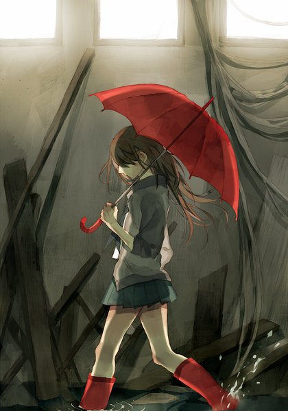 Anime picture 560x800 with original tsukioka tsukiho single long hair tall image brown hair profile walking hair over eyes girl uniform water serafuku window umbrella cardigan splashes rubber boots