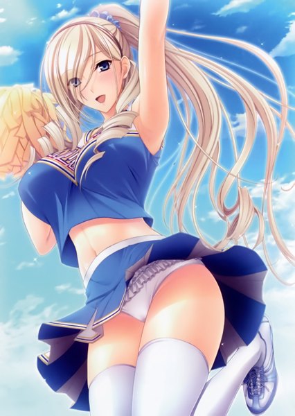 Anime picture 2193x3085 with walkure romanze celia kumani entory komori kei single tall image highres open mouth blue eyes light erotic sky cloud (clouds) white hair ponytail very long hair scan cheerleader girl thighhighs skirt underwear