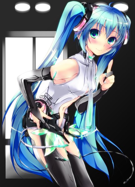 Anime picture 1000x1385 with vocaloid hatsune miku hasshin akiichi (yagami shuuichi) single tall image blush smile twintails green eyes blue hair very long hair nail polish girl thighhighs black thighhighs detached sleeves necktie