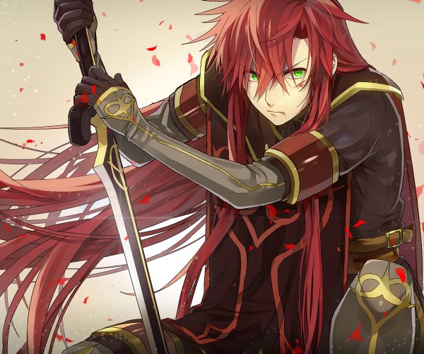 Anime picture 1200x1000 with tales of (series) tales of the abyss asch sanae (satansanae) single long hair fringe simple background holding green eyes looking away red hair wind glowing serious boy gloves weapon petals sword