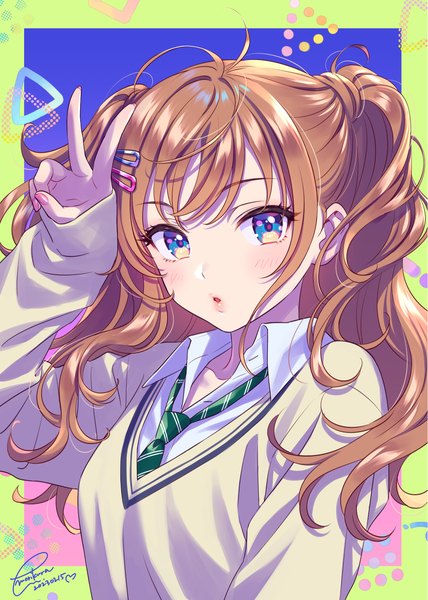 Anime picture 1191x1670 with original morikura en single long hair tall image looking at viewer blush fringe open mouth blue eyes simple background signed upper body long sleeves nail polish arm up two side up border dated sleeves past wrists