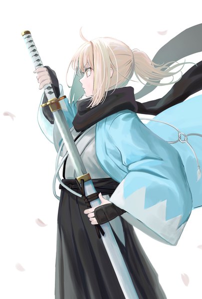 Anime picture 1382x2048 with fate (series) fate/grand order okita souji (fate) (all) okita souji (koha-ace) sow mhxx single long hair tall image blonde hair standing yellow eyes looking away ahoge ponytail traditional clothes japanese clothes profile wind unsheathing shinsengumi