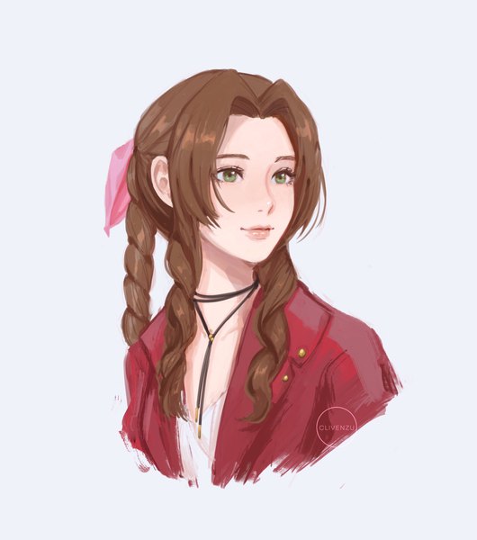 Anime picture 1810x2048 with final fantasy final fantasy vii square enix aerith gainsborough clivenzu single long hair tall image highres simple background brown hair green eyes signed payot looking away ponytail lips drill hair portrait blue background