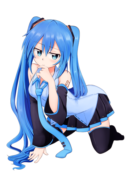Anime picture 2149x3035 with vocaloid hatsune miku kazenoko single tall image looking at viewer highres blue eyes twintails blue hair very long hair transparent background girl thighhighs skirt hair ornament black thighhighs detached sleeves miniskirt necktie