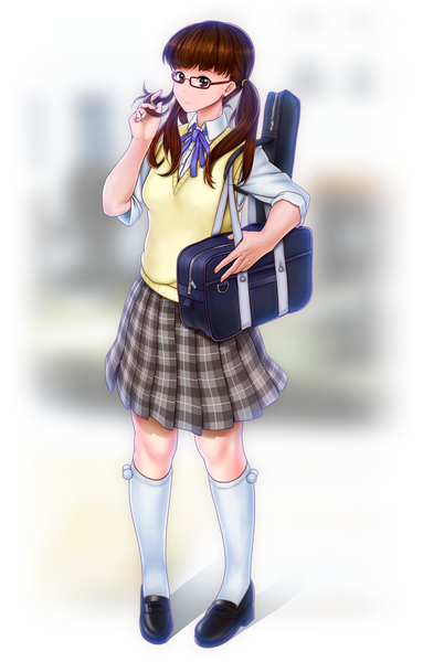 Anime picture 1918x3000 with k-on! kyoto animation wakaouji ichigo sasaken single long hair tall image looking at viewer highres red eyes brown hair twintails girl skirt socks glasses white socks school bag
