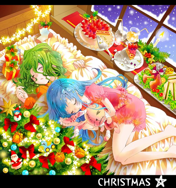 Anime picture 1089x1160 with katekyou hitman reborn bluebell daisy (reborn) yuzu 5101 long hair tall image blush short hair open mouth blue hair indoors lying eyes closed barefoot green hair snowing christmas letterboxed scar winter
