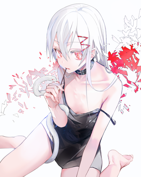 Anime picture 1200x1500 with original tlla (artist) single long hair tall image looking at viewer fringe breasts light erotic simple background hair between eyes red eyes white background sitting bare shoulders holding payot cleavage white hair head tilt