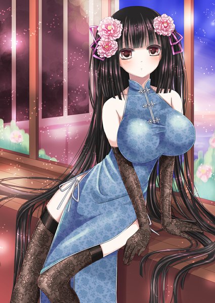Anime picture 708x1000 with original hiroharu single tall image blush breasts light erotic black hair large breasts sitting bare shoulders brown eyes very long hair chinese clothes girl thighhighs gloves hair ornament black thighhighs elbow gloves