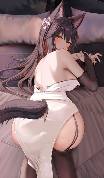 Anime picture 4114x7004 with arknights texas (arknights) ru zhai single long hair tall image looking at viewer blush fringe highres breasts open mouth light erotic black hair hair between eyes animal ears yellow eyes absurdres ass tail