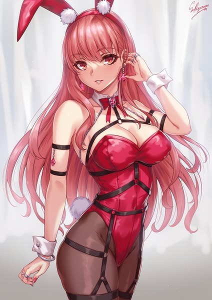 Anime picture 1000x1414 with original sakiyamama single long hair tall image looking at viewer fringe breasts light erotic hair between eyes red eyes large breasts standing signed animal ears cleavage red hair indoors tail nail polish