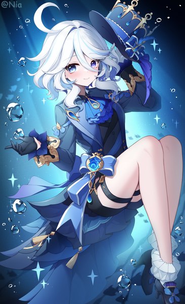 Anime picture 3000x4923 with genshin impact furina (genshin impact) poinia single long hair tall image looking at viewer blush fringe highres breasts blue eyes smile hair between eyes sitting signed silver hair ahoge bent knee (knees) long sleeves