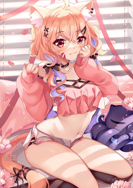 Anime picture 884x1250 with virtual youtuber vyugen shyrei faolan alheitrakzoth squchan single long hair tall image looking at viewer blush fringe breasts light erotic blonde hair hair between eyes red eyes sitting twintails signed animal ears