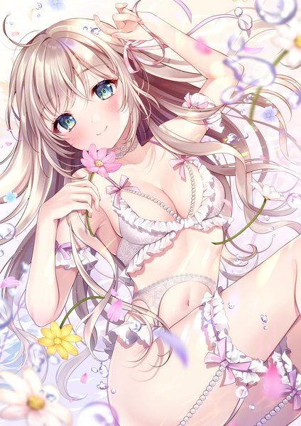 Anime picture 1157x1637 with original moe2021 yugirlpict single long hair tall image looking at viewer blush fringe breasts light erotic blonde hair smile large breasts holding payot cleavage ahoge ass lying