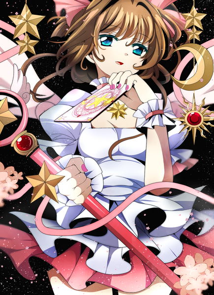 イラスト 2132x2936 と カードキャプターさくら clamp 木之本桜 ふみちゃん ソロ 長身像 カメラ目線 highres 短い髪 おっぱい 開いた口 青い目 笑顔 茶色の髪 absurdres cleavage nail polish short sleeves puffy sleeves crescent