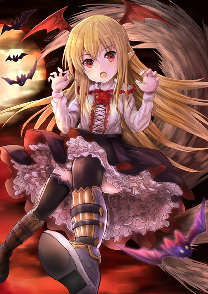 Anime picture 1000x1412 with shingeki no bahamut granblue fantasy vampy u rin single long hair tall image looking at viewer blush open mouth blonde hair red eyes payot sky cloud (clouds) tail long sleeves head tilt pointy ears from below