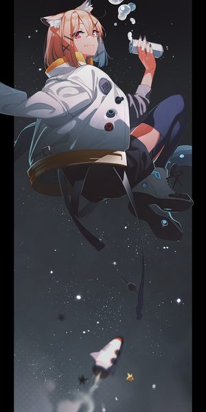 Anime picture 600x1200 with arknights utage (arknights) kamameshi gougoumaru single tall image looking at viewer fringe short hair blonde hair hair between eyes red eyes animal ears full body looking back pillarboxed girl thighhighs hair ornament bobby pin x hair ornament