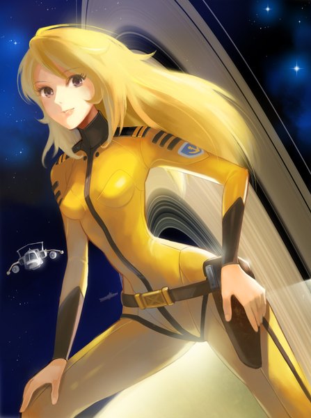 Anime picture 1120x1502 with uchuu senkan yamato yuki mori yamato (uchuu senkan yamato) shirokichi single long hair tall image looking at viewer blonde hair standing purple eyes bent knee (knees) light smile lips space hand on knee military science fiction oldschool 70s