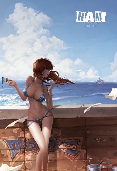 Anime picture 1024x1500 with one piece toei animation nami (one piece) 6.3.2.4. single long hair tall image breasts open mouth light erotic smile brown hair large breasts standing bare shoulders holding signed looking away sky cleavage