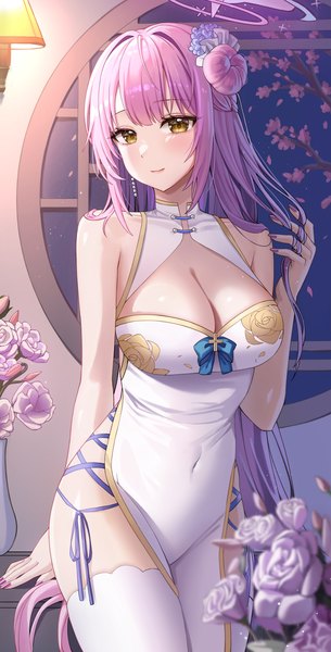 Anime picture 2141x4208 with blue archive mika (blue archive) mella (mell a12) single long hair tall image looking at viewer blush fringe highres breasts light erotic large breasts standing bare shoulders yellow eyes pink hair blunt bangs nail polish traditional clothes